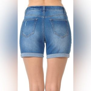 Wax Women's Juniors High Rise Midi Denim Shorts with Destruction. Size Medium